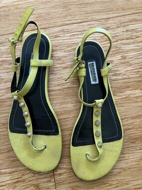 Chartreuse/ pea soup green leather Balenciaga crackle strappy studded sandals